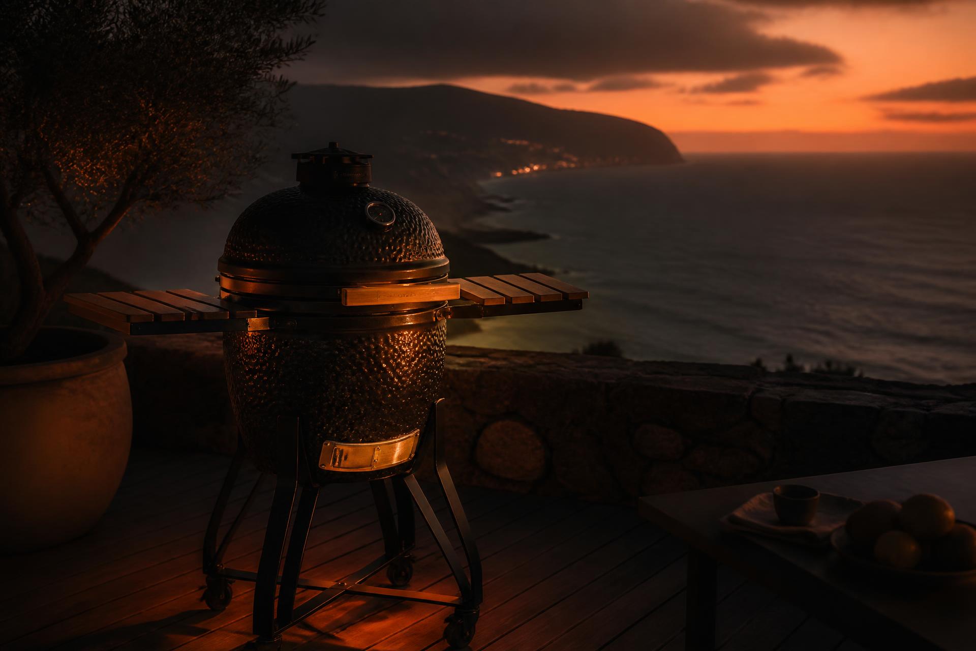 Ceramic kamado grill glowing on an Atlantic clifftop terrace in Portugal