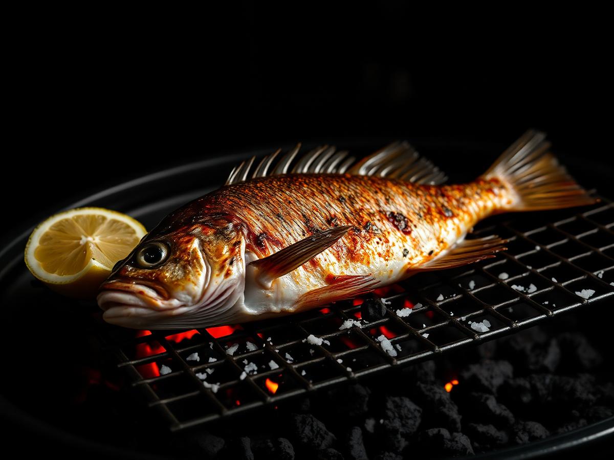 Whole sea bream with blistered crisp skin searing over charcoal