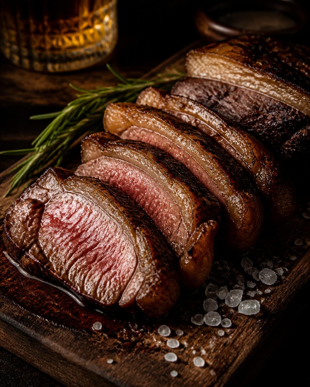 Sliced grilled picanha on a wooden board